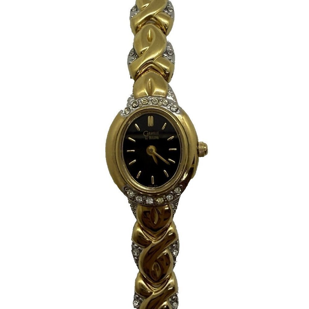 Vtg Caravelle by Bulova Quartz Womens Oval Watch Two Tone Black Face Rhinestones
